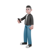Cartoon Cameraman 3D Creative Artwork Design Model. A male cameraman stands holding a cellphone in his right hand, and his left hand is clenched while looking diagonally, as if looking at something. png