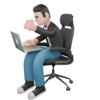 Cartoon Cameraman 3D Creative Artwork Design Model. A male cameraman sits with a laptop on his lap while typing on the keyboard in his right hand, and his left hand is clenched, an angry expression. png