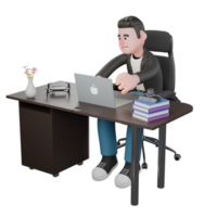 Cameraman Artwork in Creative 3D Cartoon Design Style. A male cameraman sits with his right hand typing on the keyboard and his left hand as if he wants to close the laptop. Creative Art png
