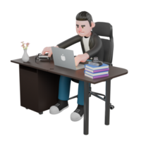 Cameraman Creative 3D Cartoon Design Style. A male cameraman sits on a chair with a laptop on the table while typing on the keyboard in his left hand, and his right hand wants to take a drone. png