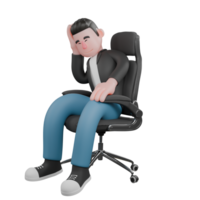 Cartoon Cameraman Design Style Creative Artwork 3D. A Male Cameraman sitting on a chair with his head tilted, one hand supporting his head, expression of boredom and laziness . Illustration png
