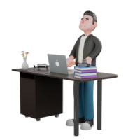 Cartoon Cameraman 3D Character Design. A male cameraman stands behind a work desk looking up with his eyes closed. Creative Art png