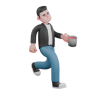 Cartoon Cameraman Design in Creative Style Artwork 3D. A Male Cameraman runs with one hand carrying a cup of coffee, an enthusiastic expression . Illustration png