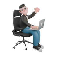Cartoon Cameraman 3D Creative Artwork Design Model. A Male Cameraman sits on a chair with a laptop on his lap, his hands typing on the keyboard while explaining, serious expression . Illustration png