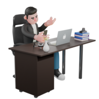 3D Creative Cartoon Cameraman Artwork Design Style Model. A Male Cameraman sits behind a desk with one hand holding a cellphone, a explaining expression . Illustration png