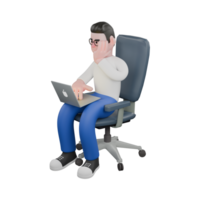 3D Cartoon Editor Character. A male editor sits with a laptop on his lap while typing on the keyboard with his right hand, and his left hand is on his cheek, a thinking expression . png