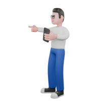 Editing 3D Cartoon Character Model. A male editor stands holding a cellphone in his left hand, and his right hand points forward, as if looking at something. Illustration Design png