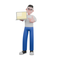 Editing Themed 3D Cartoon Character. A male editor stands with a laptop in his right hand, and his left hand points towards the laptop, as if promoting . Illustration Design png