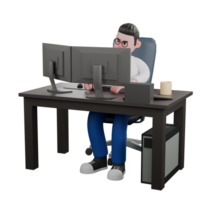 Editor 3D Cartoon Design. A male editor sits with two computers on a table while typing on the keyboard with both hands . Illustration Character png