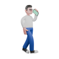 3D Cartoon Character for Editing Projects. A male editor walks holding a telephone in his left hand, as if answering a telephone call while talking. Illustration Design png