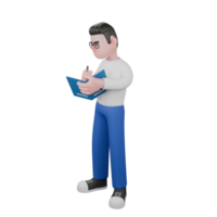 3D Cartoon Editor for Animation Projects. A male cameraman stands looking at something below holding a book and a pen in both hands, writing expression . Illustration Design png