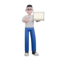Cartoon Editor 3D Model for Creatives. A male editor stands holding a laptop in his left hand, and his right hand points towards the laptop, as if as if promoting . Illustration Design png