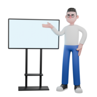 Creative Cartoon Editor 3D Character. A male editor stands next to a whiteboard with his right palm open, and his left hand is on his waist, as if he is explaining. Illustration Design png