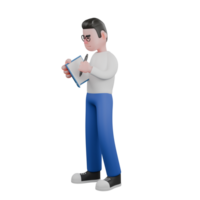 Editing Professional 3D Cartoon Character. A male editor stands carrying a book and a pen in both hands, as if he is writing. Illustration Design png