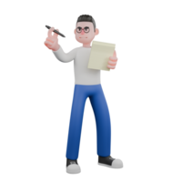 Cartoon Editor Character Design in 3D. A male editor stands holding paper and a pen in both hands, an expression of wanting to write. Illustration png