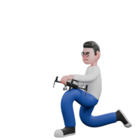 Creative Editor 3D Cartoon Character Design. A male editor squats holding a drone in both hands, as if he wants to fly it. Illustration png