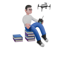 Cartoon Editor 3D Model for Projects. A male editor sits on a pile of books while holding a remote in his left hand and there is a drone in front of him, as if he is controlling it. png