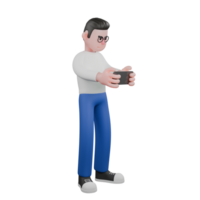 Editing 3D Cartoon Style Character. A male editor stands looking down with both hands holding a cellphone, as if he is recording an incident. Illustration Design png