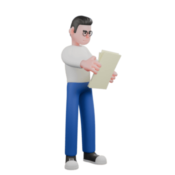 Cartoon Style Editor 3D Model. A male editor stands holding several sheets of paper in both hands while looking at them, an expression of checking. Illustration Character png