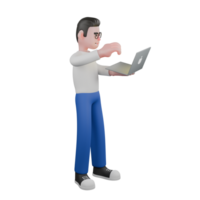 Creative Cartoon Editor Character Design. A male editor stands carrying a laptop in his left hand, and his right hand as if he wants to type on his keyboard. 3D Illustration png