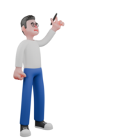 Cartoon Editor Character for Animation. A male editor stands with his right hand clenched, and looks up while holding a pen in his left hand, as if as if writing on the board. 3D Model Design png