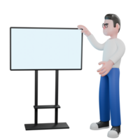 Creative Editor Cartoon 3D Character. A male editor stands next to a television screen, while touching it with his right hand, and his left hand is open, as if he is explaining. Illustration Design png