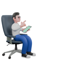 editor dentro desenho animado estilo 3d modelo ilustração. uma masculino editor senta em uma cadeira com dele esquerda mão segurando uma celular e dele certo mão apontando dentro uma certo direção. Projeto personagem png