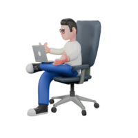 3D Cartoon Editor Professional Character. A male editor sits on a chair with a laptop on his lap, both hands open as if he doesn't know. Illustration Design png