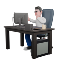 Cartoon Character 3D Model Editor Design. A male editor sits on a computer on a table, his left hand on his cheek, a look of focus. Professional Illustration png