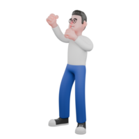 Editor in Cartoon Style 3D Model Illustration. A male editor stands facing right with both hands raised and clenched, looking up . Design Character png