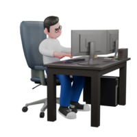 Editor Cartoon Character for Projects. A male editor sits at a computer on a desk with both hands typing on the keyboard, a focused expression. 3D Illustration Design png