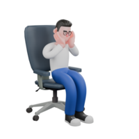 Editor Cartoon Character for Projects. A Male Editor of a man sitting on a chair with both hands on his cheeks, sad expression. 3D Illustration Design png