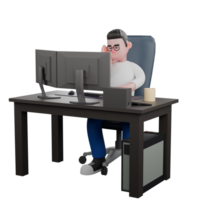 Cartoon Character 3D Model Editor Design. A Male Editor sits on a chair with two computers in front of him with one hand on his cheek, a tired expression. Professional Illustration png