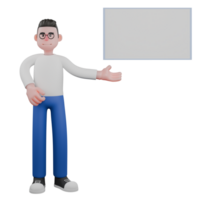 Editor Cartoon Character for Projects. A Male Editor stands in front of a whiteboard with one hand pointing towards the board, a smiling expression. 3D Illustration Design png