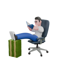 Cartoon Illustration Design of Editor 3D Character. A male editor Man sitting on chair with his legs on top of stack of money, holding book with both hands, focused expression. Professional Model png