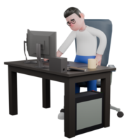Professional Editing 3D Cartoon Model. A Male Editor stands behind a work desk with one hand on his hip, a tired expression. Illustration Design png