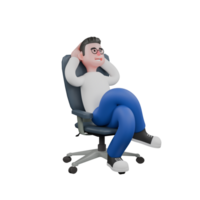 Cartoon Character 3D Model Editor Design. A male editor sits on a chair with his understanding leg above his left leg, both hands behind his head, relaxed expression. Professional Illustration png