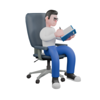 Cartoon Illustration Design of Editor 3D Character. A male editor sits on a chair with one hand holding a book and the other holding a pen, writing with a serious expression. Professional Model png
