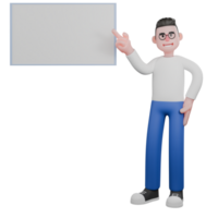 Editor Cartoon Character for Projects. A male editor stands next to a whiteboard with his left hand on his hip and his hand pointing towards the board, explaining expression. 3D Illustration Design png
