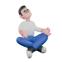 Cartoon Illustration Design of Editor 3D Character. A Male Editor sitting in lotus position with hands clasped in front of chest, fingers forming mudra, contemplative expression. Professional Model png