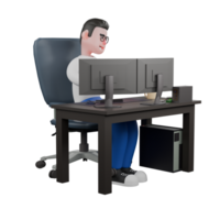 Cartoon Character 3D Model Editor Design. A Male Editor sitting on chair with two computers on desk, hands on keyboard, focused expression. Professional Illustration png
