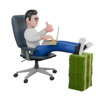 Professional Editing 3D Cartoon Model. A Male Editor sitting on chair with feet clasped in front of stack of money, laptop on lap and typing with Relaxed. Illustration Design png