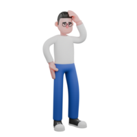 Editor Cartoon Character for Projects. A male editor stands with one hand on his waist while the other hand is on his head, showing a deep thinking expression. 3D Illustration Design png