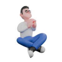 Editor Cartoon Character for Projects. A Male Editor sitting on floor with hands clasped in front of chest, eyes closed, peaceful expression. 3D Illustration Design png