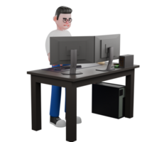 Editor in Cartoon Style 3D Model Illustration. A Male Editor stands behind a desk with two computers on it, multitasking expression. Design Character png
