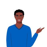 Happy black man points to something. Character for advertisement. Guy shows a direction with a hand. illustration in cartoon style. vector