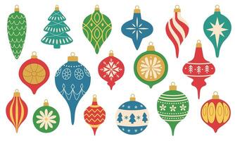 Vintage Christmas baubles and ornaments. Retro-style Christmas decorations in various shapes and sizes, featuring festive patterns. Perfect for adorning a Christmas tree with classic charm. vector