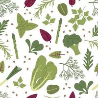 Seamless pattern. Pattern of different types of greens and vegetables on a white background vector