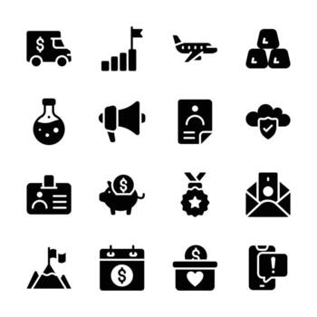 This image features a collection of 16 icons representing various business and finance concepts vector