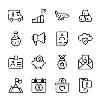 This image features a collection of 16 icons representing various business and finance concepts vector